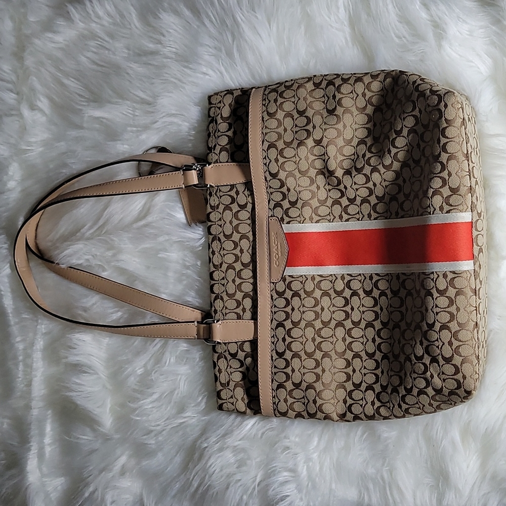 Coach Signature Silver Khaki Hot Orange Purse  F27008